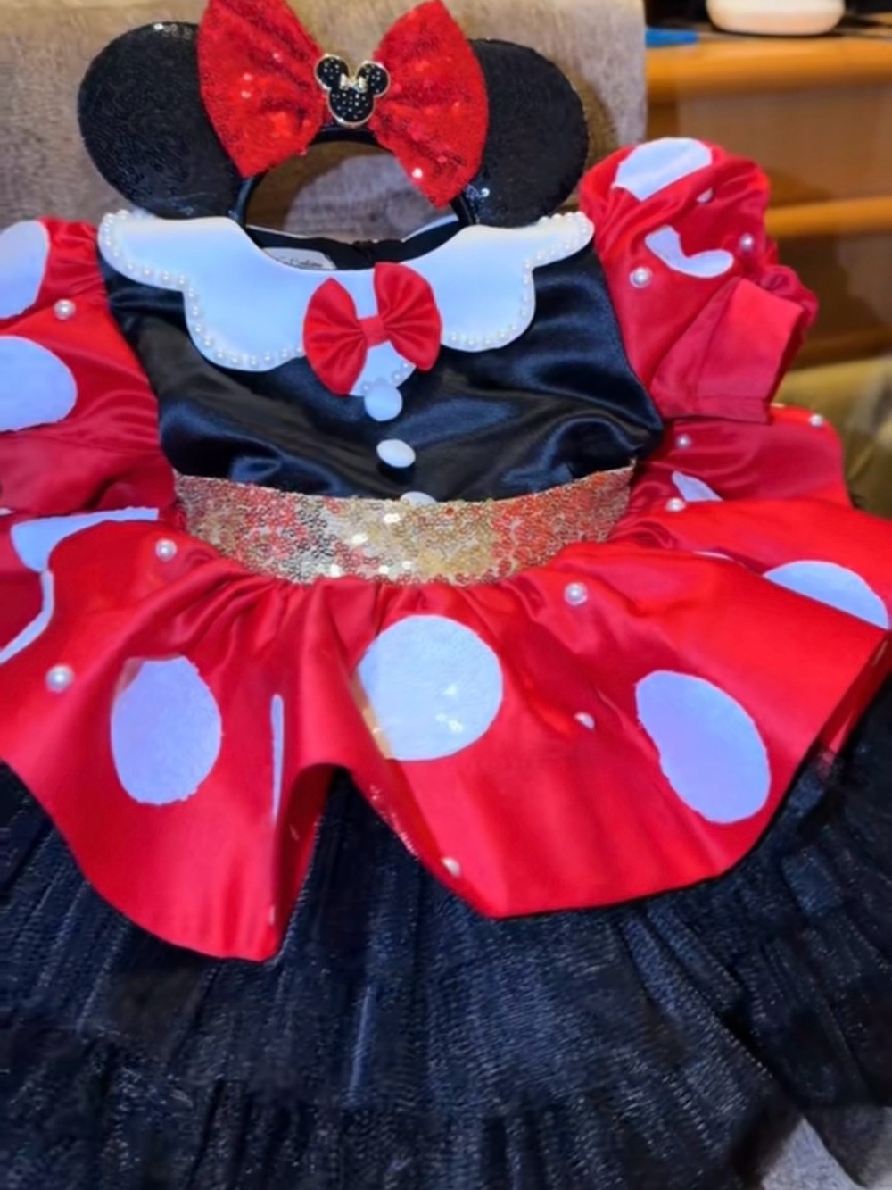 Kids Red & Black Minnie-Style Polka Dot Costume with Bow Headband